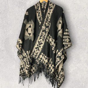 Geometric Patterned Black and Cream Poncho